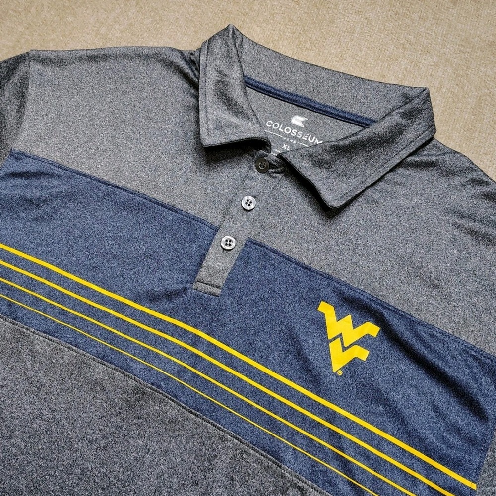 Colosseum WVU West Virginia Mountaineers Polo Shirt Mens XL Gray Gold Blue